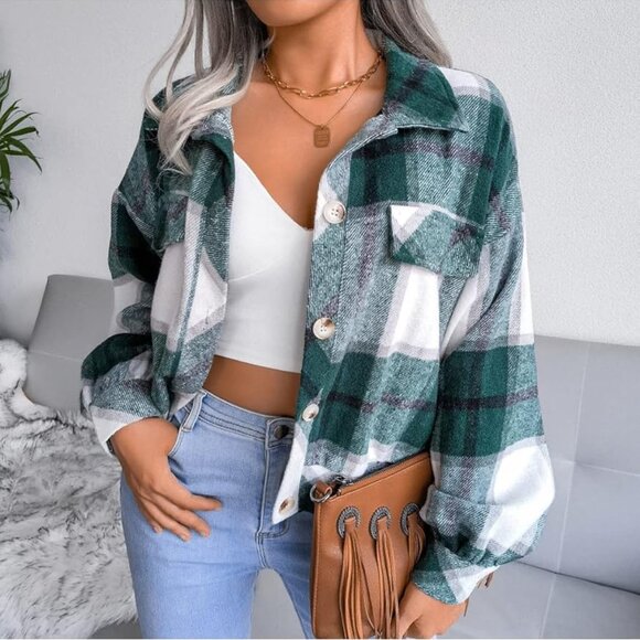 Women's Size L Green Plaid Shacket Wool Blend Long Sleeve Shirt Button Down Casu - Picture 1 of 7